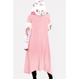 Pink Floral Hooded Long Sleeve Casual High Low Sweatshirt Dress