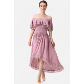 Pink Lace Off Shoulder Ruffles Shirred Waist High Low Beautiful Dress