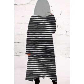 Black Stripe Hoodie Drawstring Long Sleeve Casual Sweatshirt Dress