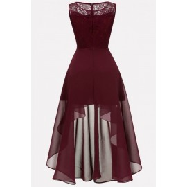 Dark-red Lace Mesh Splicing Sleeveless Elegant A Line Dress