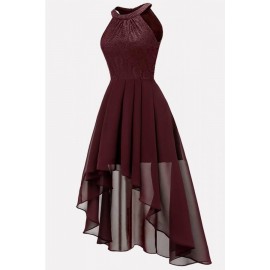 Dark-red Lace Splicing High Low Elegant Chiffon Dress
