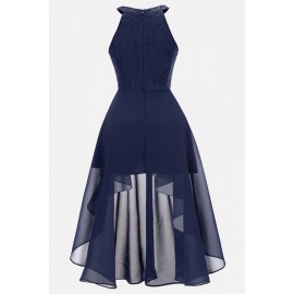 Dark-blue Lace Splicing High Low Elegant Chiffon Dress