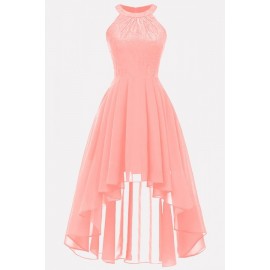 Pink Lace Splicing High Low Elegant Chiffon Dress