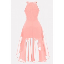 Pink Lace Splicing High Low Elegant Chiffon Dress