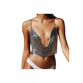 Womens Chain Halter Plunging Neck Backless Sequined Crop Top Silvery