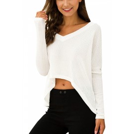 Solid V Neck Long Sleeve Crop Top White