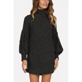 Black Puff Sleeve High Neck Casual Mini Sweater Dress