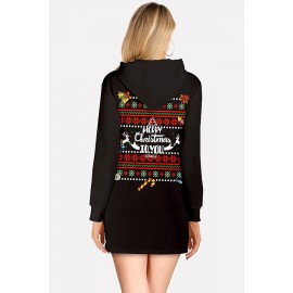 Black Santa Claus Print Hooded Long Sleeve Christmas Dress