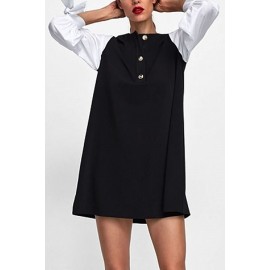 Black Two Tone Long Sleeve Button Tied Casual Shirt Dress