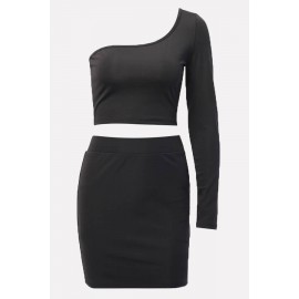 Black One Shoulder Long Sleeve Beautiful Mini Skirt Set