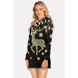 Black Elk Print Hooded Long Sleeve Christmas Dress