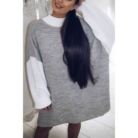 Gray Two Tone Long Sleeve Crew Neck Casual Loose Sweater Dress