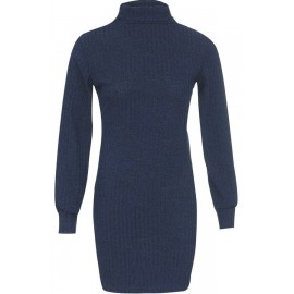 Dark-blue Turtle Neck Ribbed Long Sleeve Casual Mini Sweater Dress