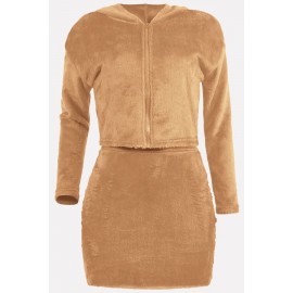 Brown Faux Fur Long Sleeve Zip-up Casual Hoodie Mini Skirt Set