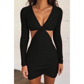 Black Twisted Cutout Long Sleeve Beautiful Bodycon Mini Dress