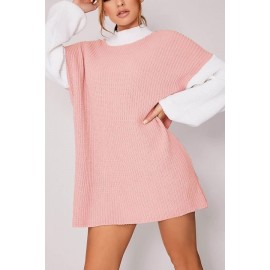 Pink Two Tone Long Sleeve Crew Neck Casual Loose Sweater Dress