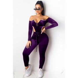 Purple Velour Zipper Up Off Shoulder Beautiful Bodysuit Pants Set
