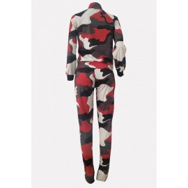 Red Camouflage Zipper Up Pocket Casual Coat Pants Set