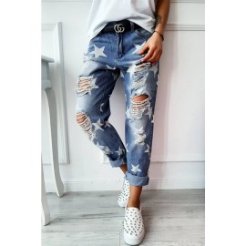 Blue Star Print Ripped Distressed Pocket Casual Jeans