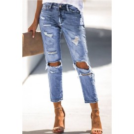 Light-blue Ripped Distressed Pocket Casual Jeans