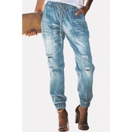 Light-blue Drawstring Elastic Waist Pocket Shredd Casual Jeans
