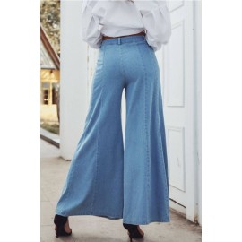 Light-blue Button Up High Waist Wide Leg Casual Jeans