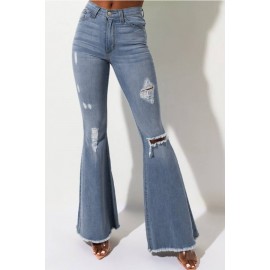 Blue Ripped Raw Hem Casual Flared Jeans