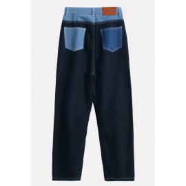 Dark-blue Contrast Pocket High Waist Casual Jeans
