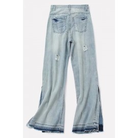 Light-blue Ripped Slit Side High Waist Casual Wide Leg Jeans