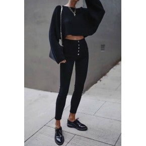 Black Button Up Pocket High Waist Casual Skinny Jeans