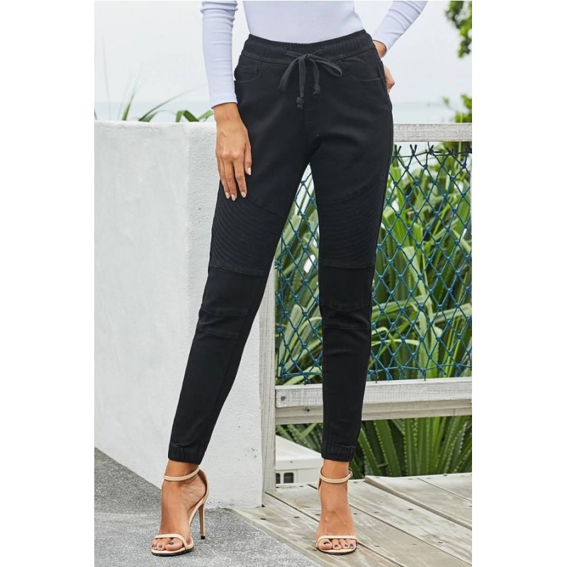 Black Drawstring Pocket High Waist Casual Jeans