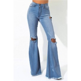 Light-blue Ripped Raw Hem Casual Flared Jeans