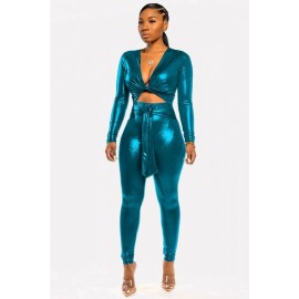 Green Cutout Tied V Neck Long Sleeve Beautiful Jumpsuit
