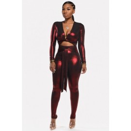 Dark-red Cutout Tied V Neck Long Sleeve Beautiful Jumpsuit