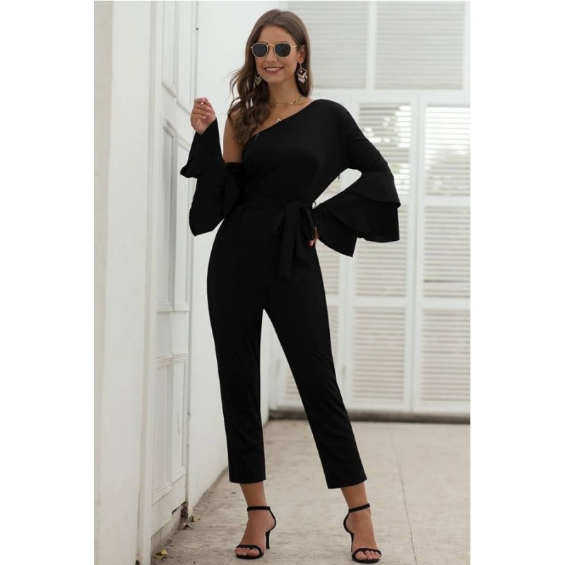 Black Tied One Shoulder Layered Sleeve Casual Jumpsuit