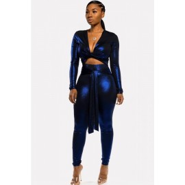 Dark-blue Cutout Tied V Neck Long Sleeve Beautiful Jumpsuit