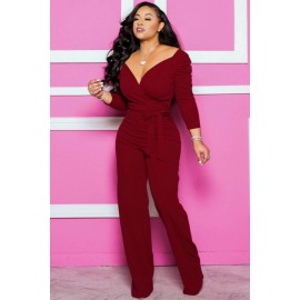 Dark-red Wrap Tied V Neck Long Sleeve Casual Jumpsuit