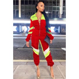 Red Color Block Zipper Up Long Sleeve Casual Jumpsuit