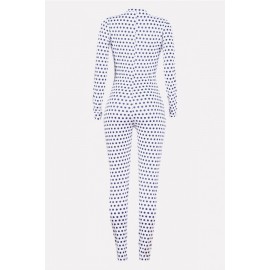 White Polka Dot Button Up V Neck Long Sleeve Beautiful Jumpsuit