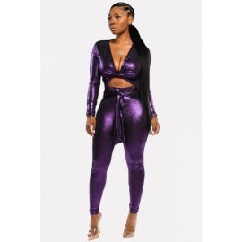 Purple Cutout Tied V Neck Long Sleeve Beautiful Jumpsuit