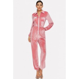 Pink Velour Zipper Up Pocket Casual Jumpsuit