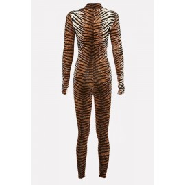 Brown Tiger Pattern Zipper Front Long Sleeve Casual Jumpsuit