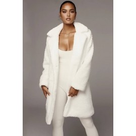 White Faux Fur Single Breasted Pocket Casual Coat