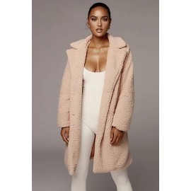 Pink Faux Fur Single Breasted Pocket Casual Coat