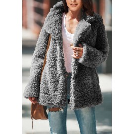 Gray Press Button Notched Collar Casual Teddy Coat