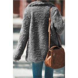 Gray Press Button Notched Collar Casual Teddy Coat