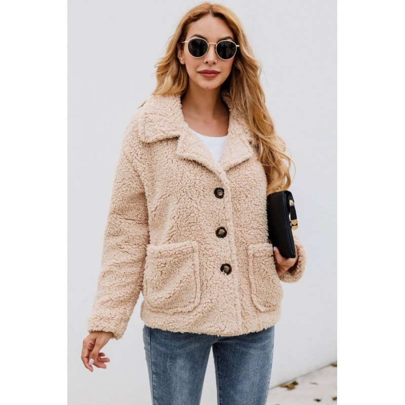 Apricot Faux Fur Button Up Pocket Long Sleeve Casual Coat