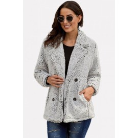 Gray Faux Fur Double Breasted Pocket Casual Coat