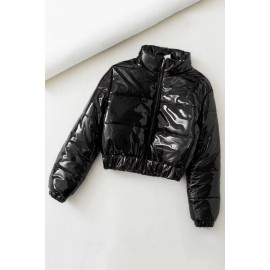 Black Patent Leather Zipper Up Long Sleeve Casual Puffer Coat