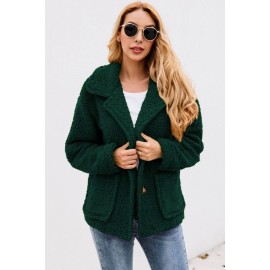 Dark-green Faux Fur Button Up Pocket Long Sleeve Casual Coat